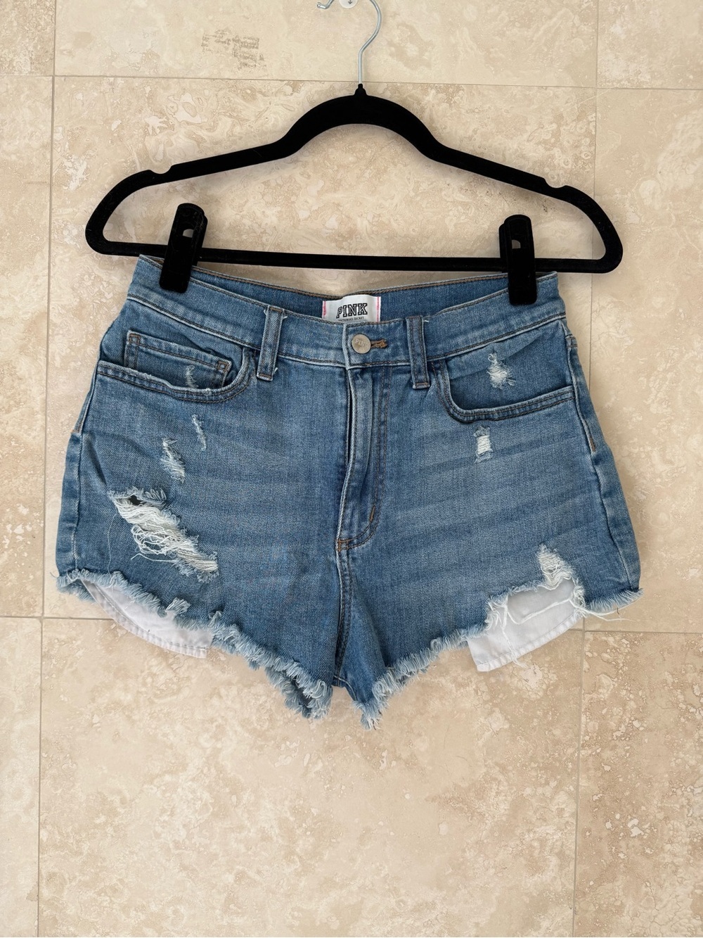 PINK Victoria’s Secret Distressed Denim Shorts Frayed Hem Festival Y2K S6 EUC